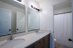 Bathroom with a sink and curtained shower