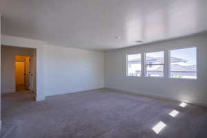 Carpeted empty room featuring baseboards and a textured ceiling