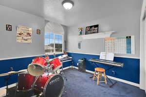 Playroom featuring a textured ceiling and carpet