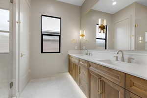 Full bathroom with a shower stall and double vanity