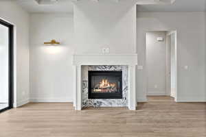 Detailed view of wood finished floors and a fireplace