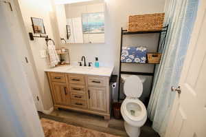 Full bath featuring dark wood-type flooring and vanity