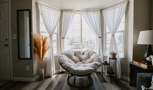 Living area featuring plenty of natural light and dark wood-type flooring