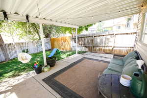 Fenced backyard with a patio area
