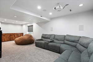 Home theater room featuring recessed lighting and carpet flooring