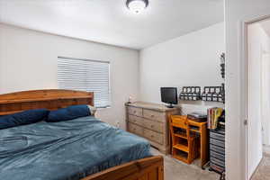 Bedroom featuring light colored carpet and a textured ceiling