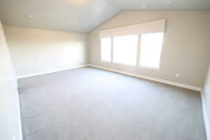 Spare room with carpet floors and vaulted ceiling