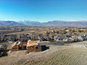 Aerial perspective of suburban area featuring a mountain backdrop