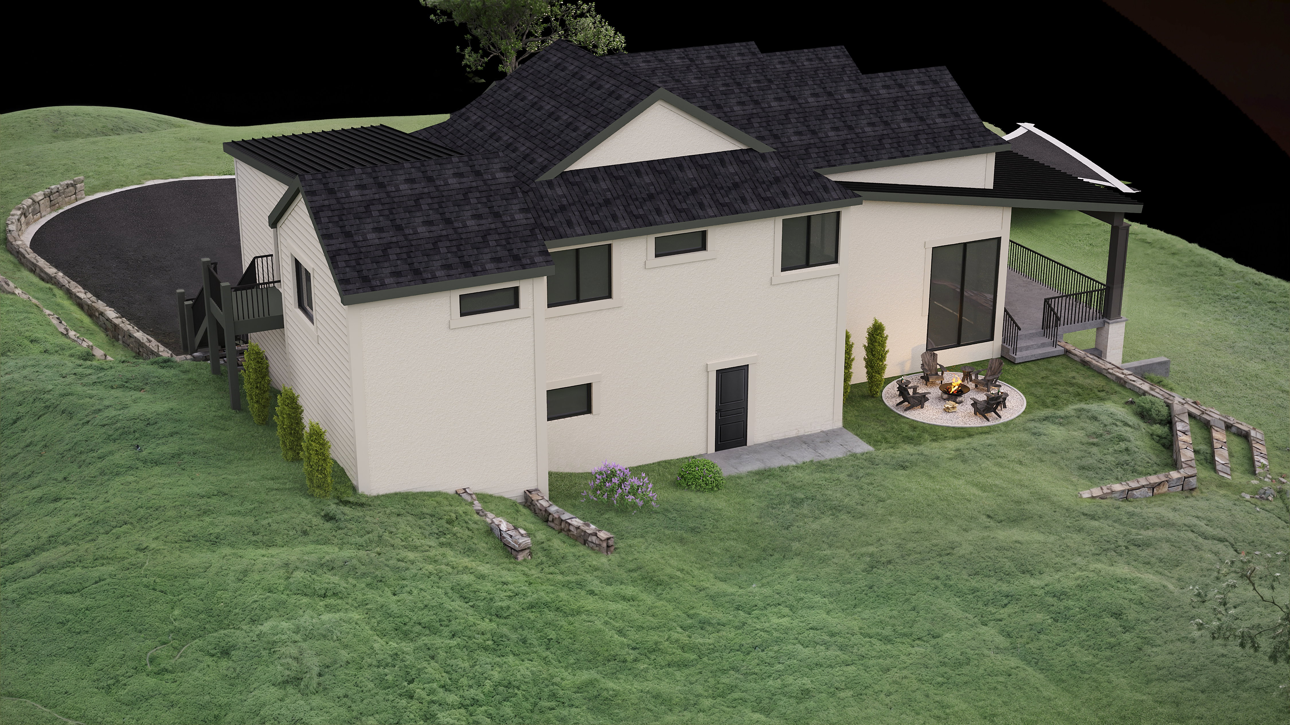 Rear side view of house with a yard and fire place.