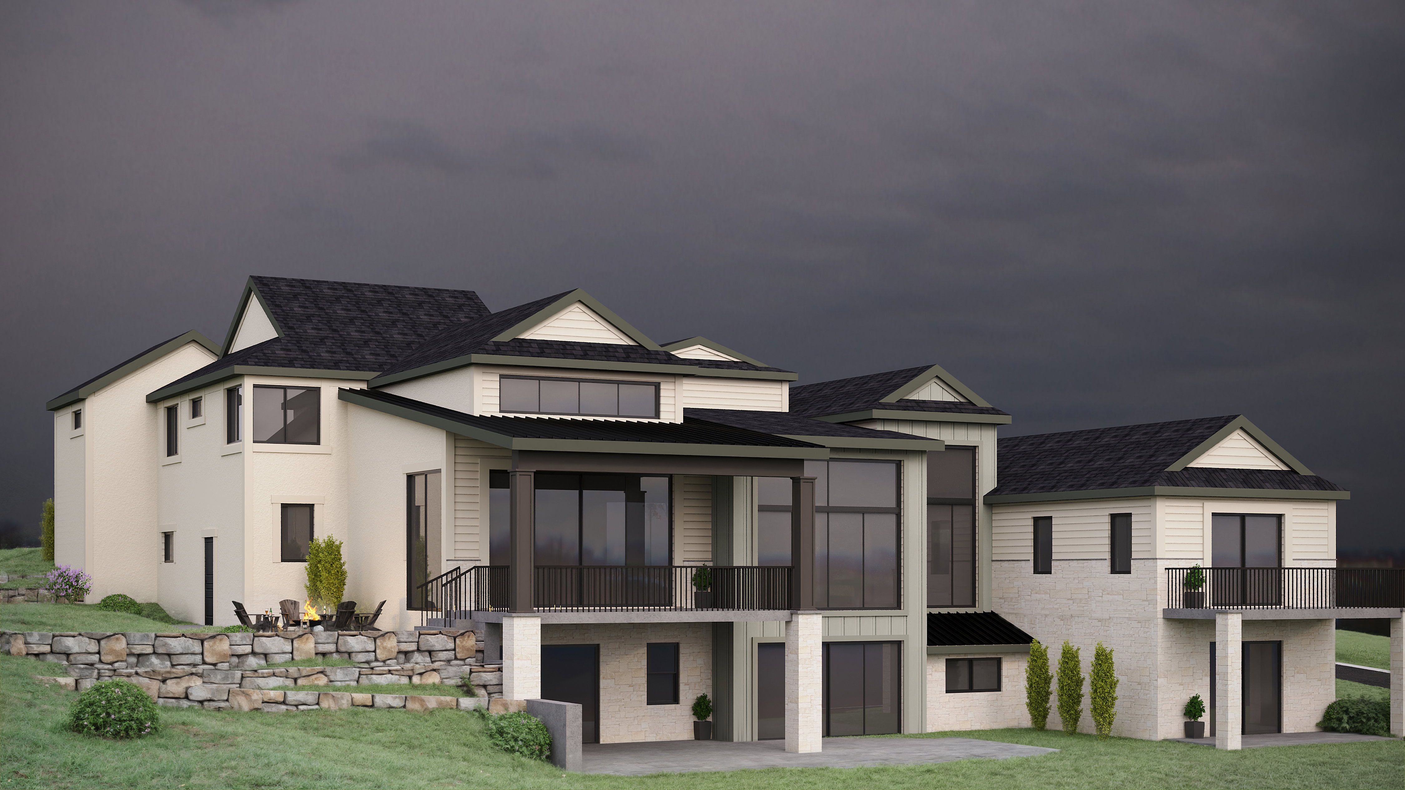View of back of house with a front lawn, a patio, roof with shingles, and a sunroom