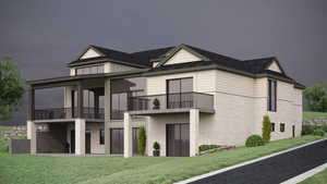 View of back of house with a front yard, a balcony, and elevator