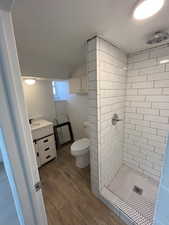 Bathroom with vanity, a stall shower, and wood tiled floors