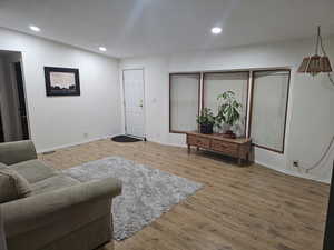 Living area with light wood-type flooring and recessed lighting