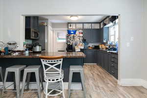Kitchen featuring a breakfast bar, a peninsula, appliances with stainless steel finishes, and light wood-style floors