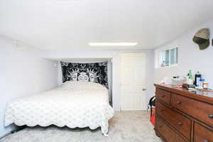 Bedroom with light carpet and a textured ceiling