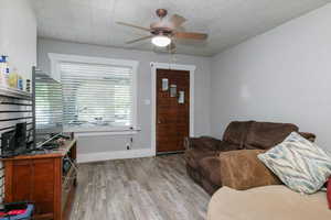 Living room featuring light wood-type flooring and a ceiling fan