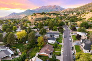 Aerial view at dusk of a mountain view and a residential view