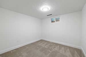 Spare room featuring carpet and a textured ceiling