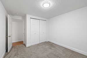 Unfurnished bedroom with carpet floors, a textured ceiling, and a closet