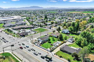 Aerial view of residential area with mountains