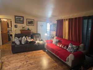 Living area with wood finished floors and a textured ceiling