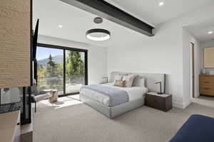 Carpeted bedroom featuring recessed lighting, beamed ceiling, and access to exterior