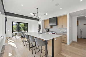 Kitchen with light brown cabinetry, decorative backsplash, recessed lighting, light wood-type flooring, and a kitchen island with sink