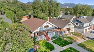 Aerial view of residential area featuring a mountain backdrop