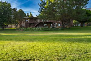 View of green lawn featuring stairs