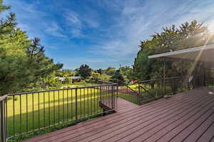 Wooden deck with a lawn and view of wooded area