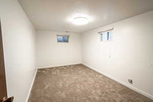 Below grade area with a textured ceiling and carpet