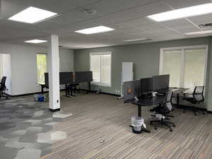Office space with a drop ceiling and carpet floors