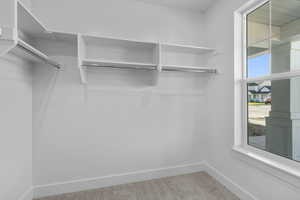 Walk in closet featuring light carpet