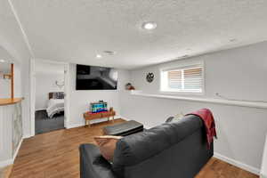 Downstairs, Living area featuring light wood-style flooring, a textured ceiling, and recessed lighting