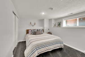 Downstairs Bedroom featuring carpet floors, a textured ceiling, and a closet