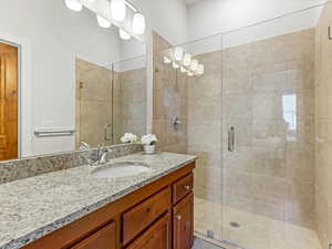 Full bathroom featuring vanity and a stall shower