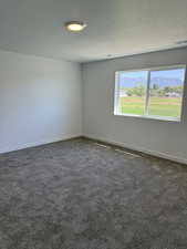 Unfurnished room with a mountain view, a textured ceiling, and dark colored carpet