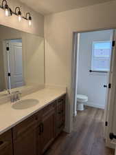 Bathroom with vanity, dark wood-type flooring, and a textured ceiling