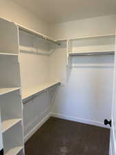 Spacious closet with dark carpet