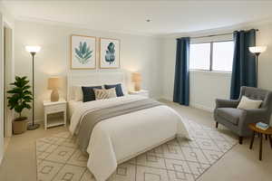 Bedroom with ornamental molding and light colored carpet