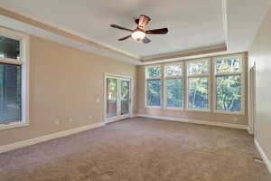 Spare room featuring a tray ceiling, light colored carpet, a ceiling fan, and ornamental molding