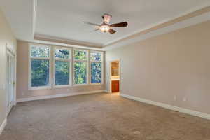 Spare room with a raised ceiling, light colored carpet, ceiling fan, and ornamental molding