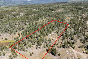 Aerial view of sparsely populated area with property boundaries highlighted and a mountain backdrop
