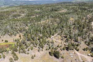 View of property location with a mountain backdrop and a heavily wooded area
