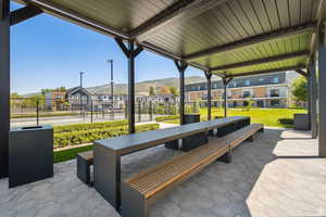 View of patio / terrace featuring a residential view and a mountain view