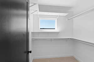 Walk in closet with light carpet