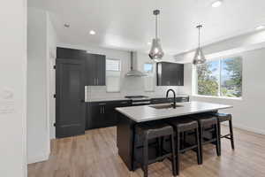 Kitchen featuring dark cabinets, backsplash, a kitchen island with sink, light countertops, and light wood finished floors