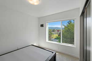 Unfurnished bedroom with a mountain view, carpet floors, and a closet
