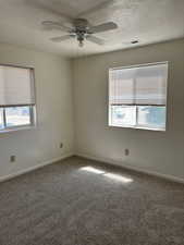 Carpeted spare room with healthy amount of natural light, a textured ceiling, and ceiling fan
