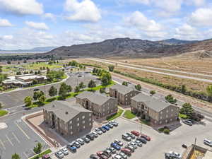 Drone / aerial view of a mountainous background